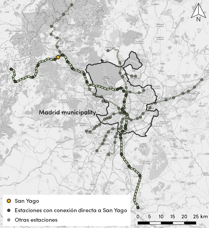 Figura 2: Ubicación de la estación de San Yago en la red de Cercanías Madrid, una de las estaciones de tren menos usadas de España.