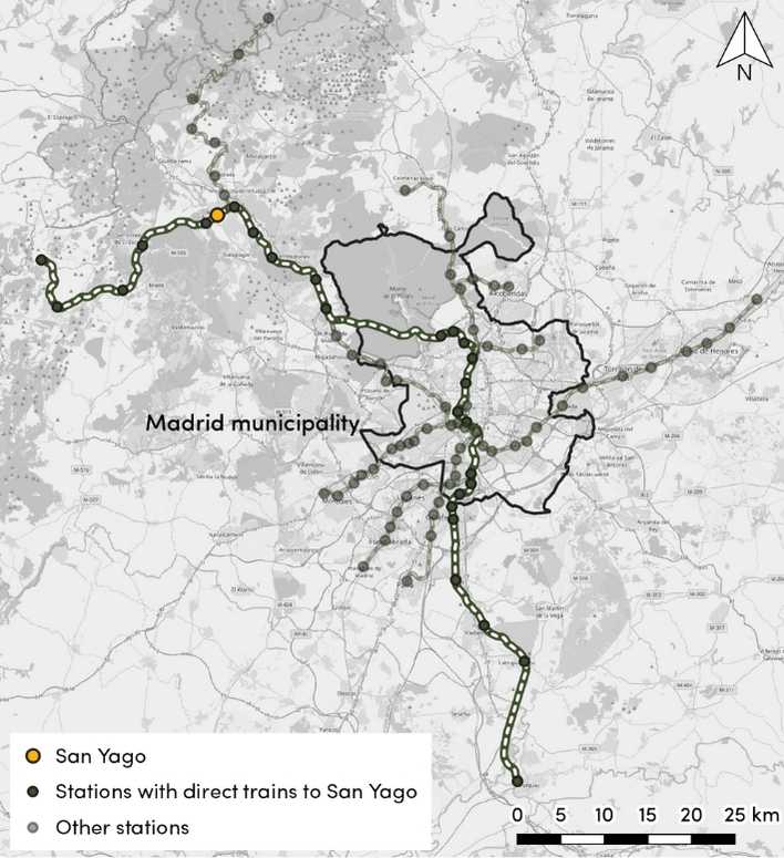 Location of San Yago station in the Cercanías Madrid network. The combination of different mobility data sources has helped us analyse the least used station in the Madrid commuter railway system: San Yago.