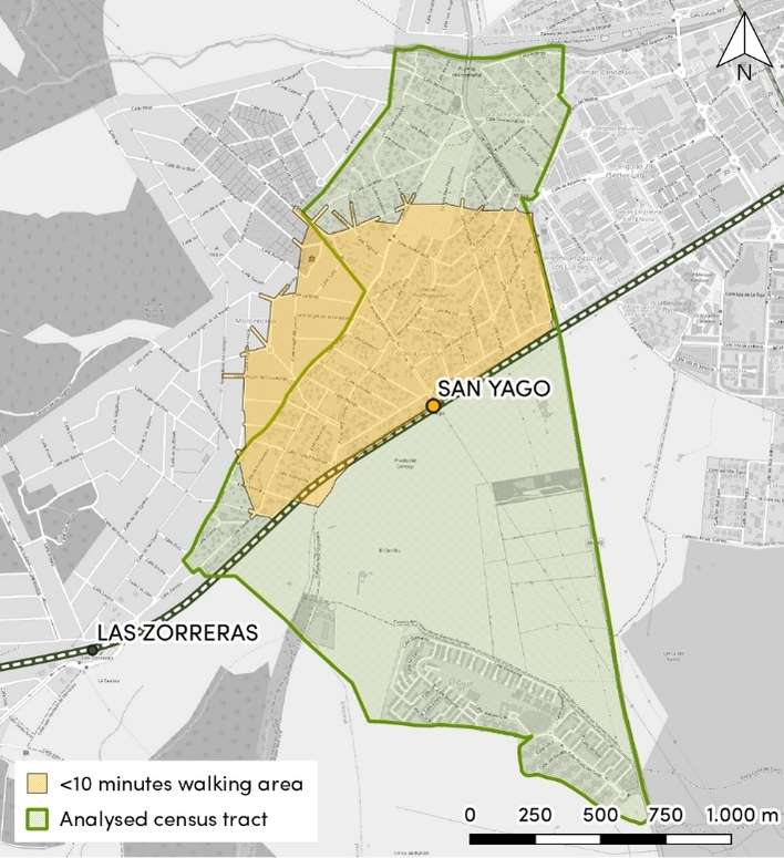 San Yago catchment area and census tract analysed. The combination of different mobility data sources has helped us analyse the least used station in the Madrid commuter railway system: San Yago.