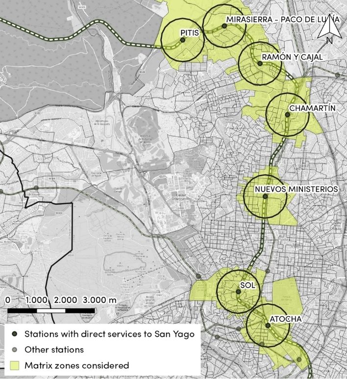 Census tracts from Madrid city centre that fall into the catchment areas considered for the stations with direct services to San Yago. The combination of different mobility data sources has helped us analyse the least used station in the Madrid commuter railway system: San Yago.
