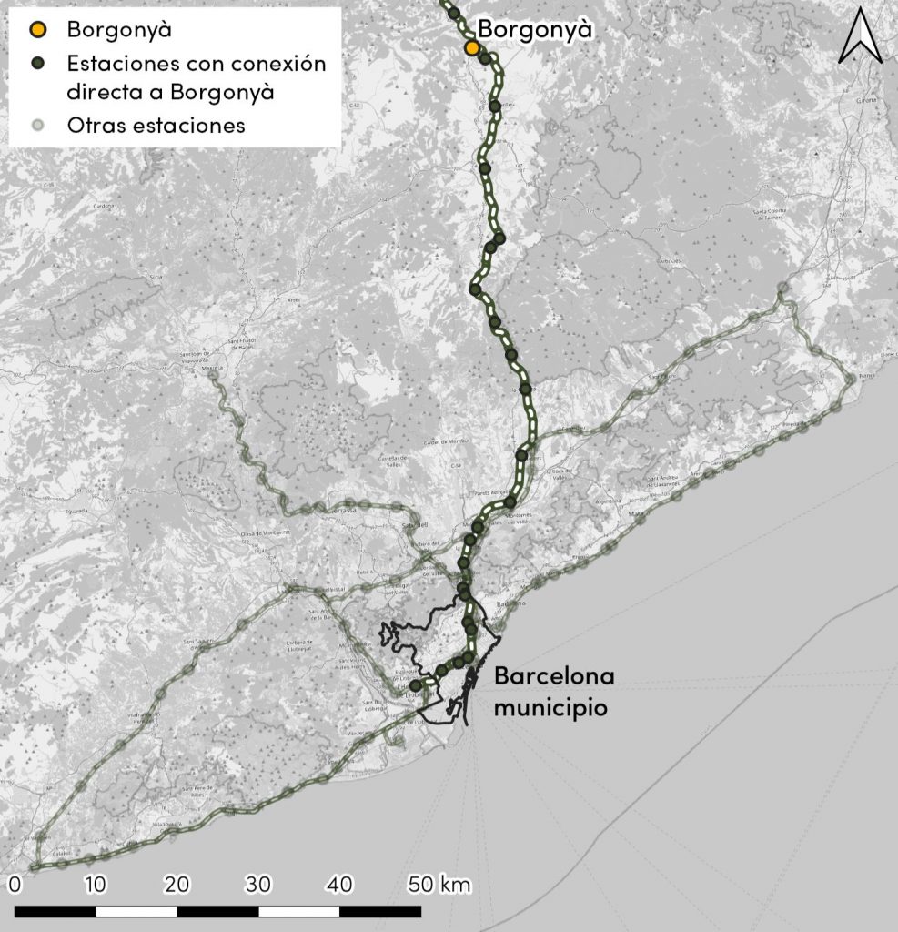 Figura 2: Ubicación de la estación de Borgonyà en la red de Rodalies de la provincia de Barcelona.
