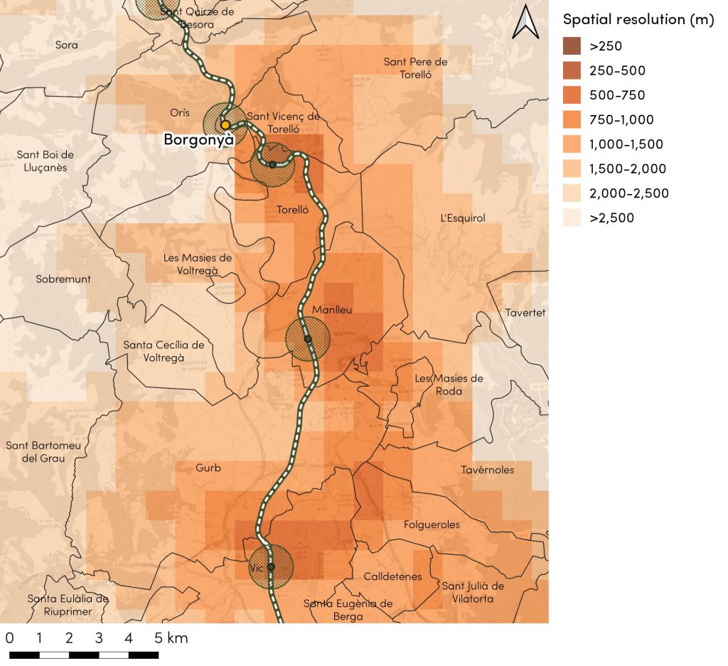 Figure 3: Spatial resolution of mobile network data in Borgonyà area.