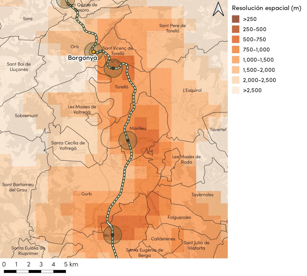 Figura 3: Resolución espacial de los datos de telefonía móvil en las inmediaciones de Borgonyà.

