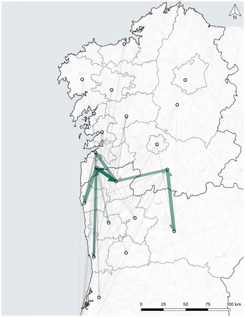 Figura 1. Flujos de movilidad entre Galicia y Portugal en un día laborable (residentes en España).