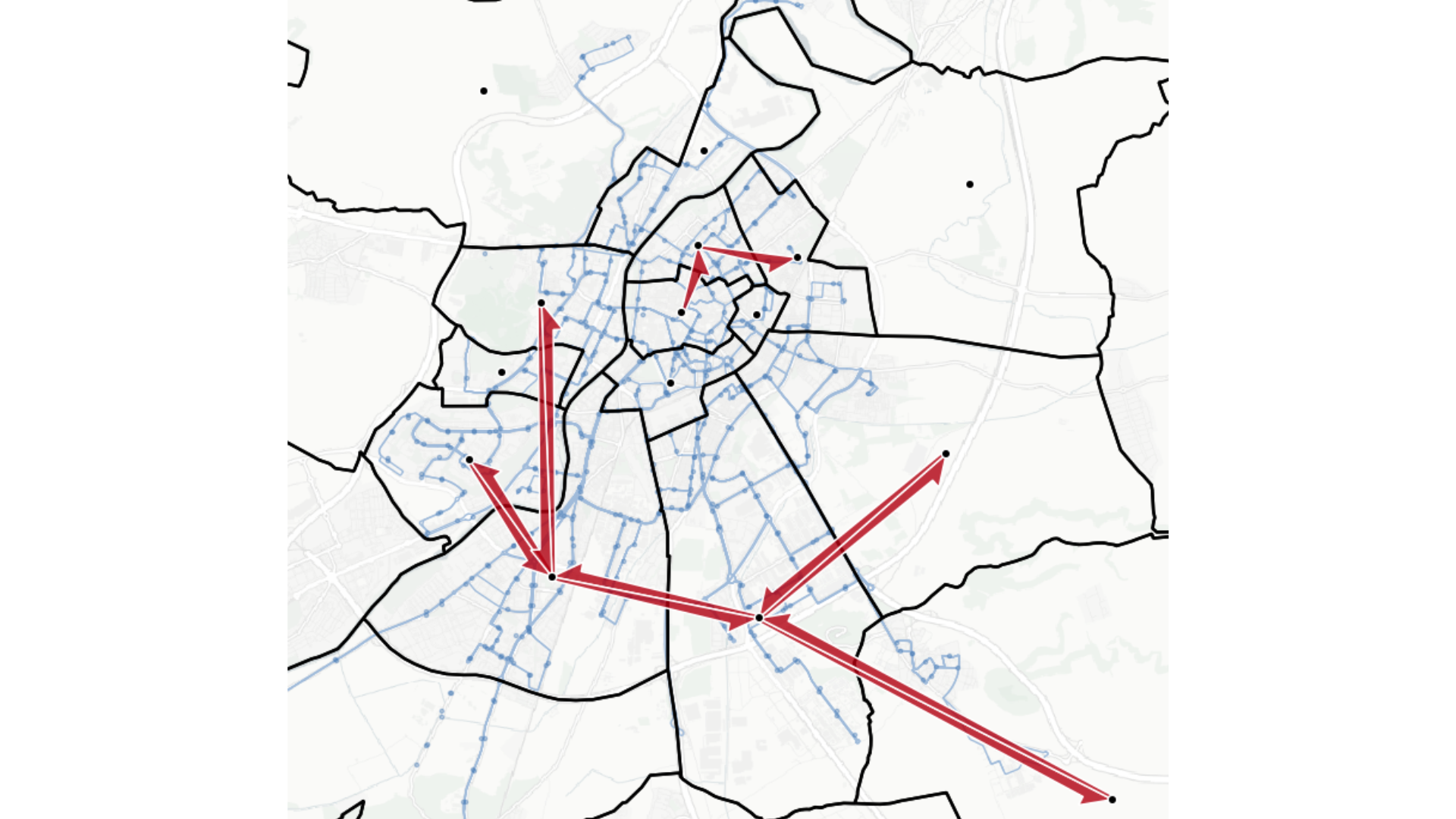 Figura 2. Mapa de los pares OD de mayor oportunidad, concentrados en el arco sur de la ciudad.